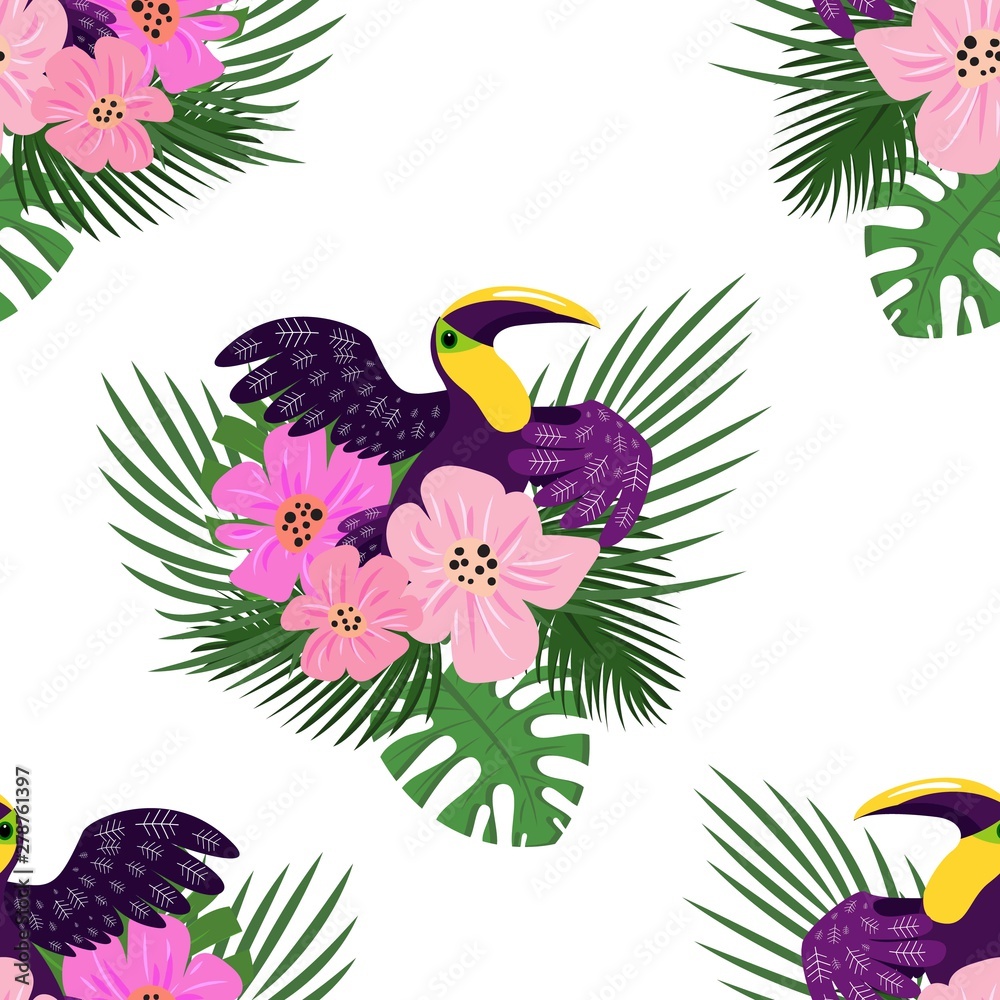 Sticker Toucan paradise pattern. Cartoon illustration of toucan paradise vector pattern for web design