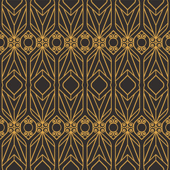 Art Deco seamless luxury geometric pattern. Golden lined shape. Vector Leaves stylish background. Abstract sea shell illustration.