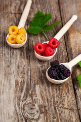 Ripe red and yellow raspberries and blackberries in spoons