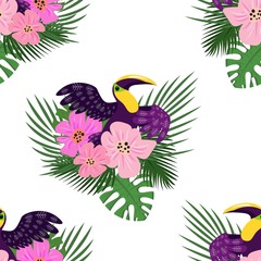 Toucan paradise pattern. Cartoon illustration of toucan paradise vector pattern for web design