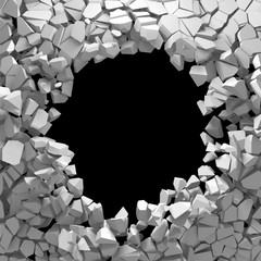 Dark destruction cracked hole in white stone wall