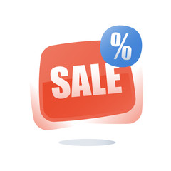 Special offer announcement, big sale, percentage sign red button, discount store, season clearance low price, best deal
