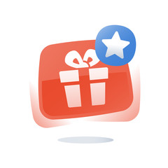 Free gift box button, delight present, special offer, give away package, loyalty program reward, discount coupon