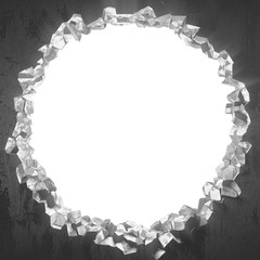 Dark cracked broken hole in concrete wall. Grunge background