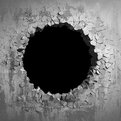 Dark cracked broken hole in concrete wall. Grunge background - obrazy, fototapety, plakaty