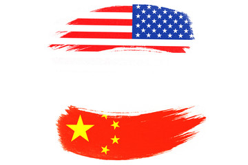 USA and China flag on white background which it symbol of United states of America and China economic tariff trade war crisis. Copy space and illustration.