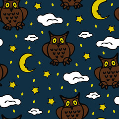 Cute owls seamless pattern in simple style with ornaments. Can be printed and used as wrapping paper, wallpaper, textile, fabric, etc.