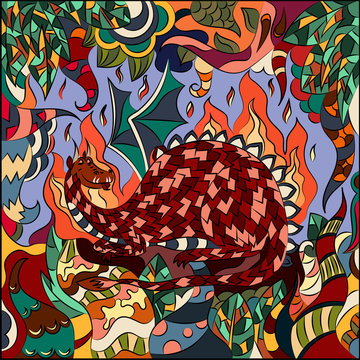 Vector illustration of fatastic plants and a big dragon. Abstract graphics for wallpapers, textile backgrounds and book covers.
