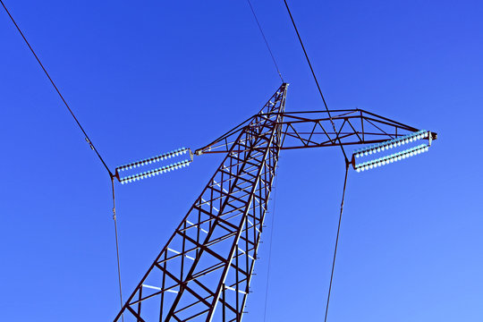 Special grid tower to change the direction of the overhead high-voltage direct-current transmission line across the Danish Kattegat island of Laesoe