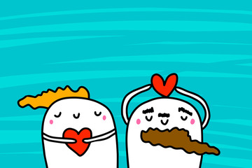 Love you hand drawn vector illustration in cartoon style with happy couple, textured background, vibrant colors, valentine's day card