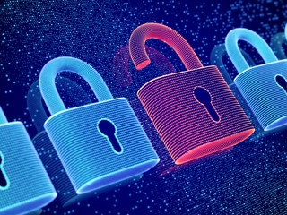 Data security and privacy concept: opened padlock on digital screen background. Visualization of personal or business information safety. Cybercrime or network hacker attack. EPS10 vector illustration
