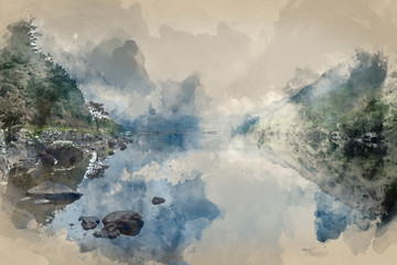 Digital watercolour painting of Landscape of Llyn Crafnant during foggy Autumn morning in Snowdonia National Park