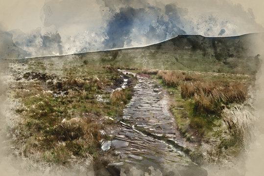 Digital watercolour painting of Beautiful landscape of Brecon Beacons National Park with moody sky