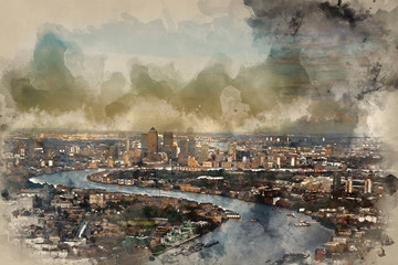 Digital watercolour painting of London city aerial view over skyline with dramatic sky and landmarks
