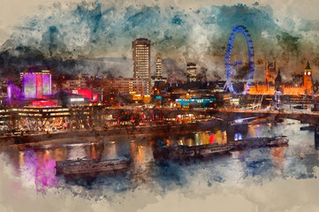 Digital watercolour painting of London night skyline including Houses of PArliament, London Eye and South Bank - obrazy, fototapety, plakaty
