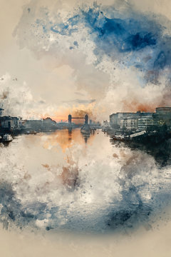 Digital watercolour painting of Beautiful Autumn Fall  dawn sunrise over River Thames and Tower Bridge in London