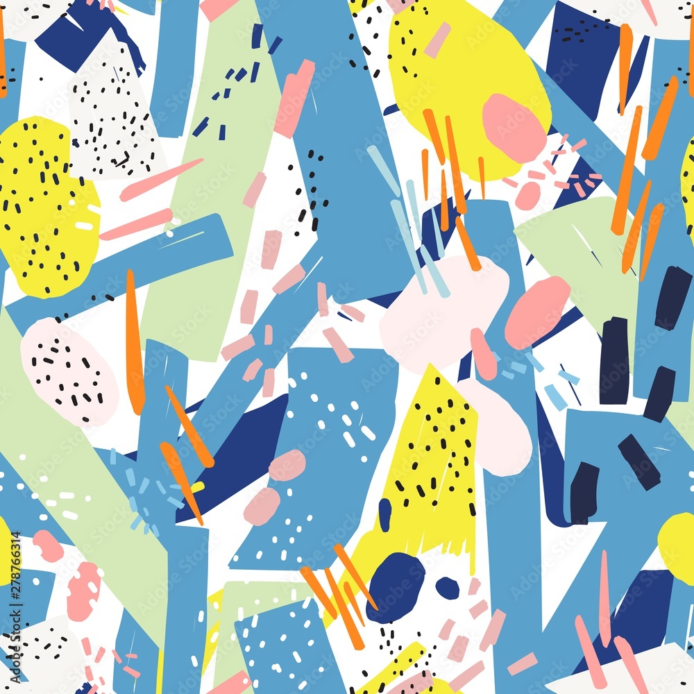 Poster geometric seamless pattern with vibrant chaotic abstract marks, dots, scribble, blotches. modern bac