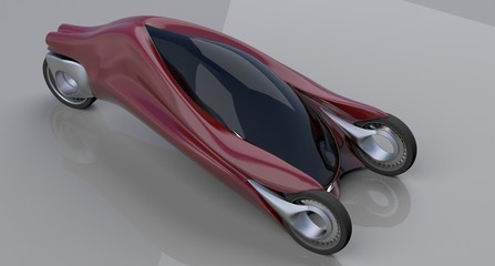 fantastic car concept of the future electro three wheels 3D rendering.