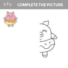 Funny pig with donut. Complete the picture children drawing game
