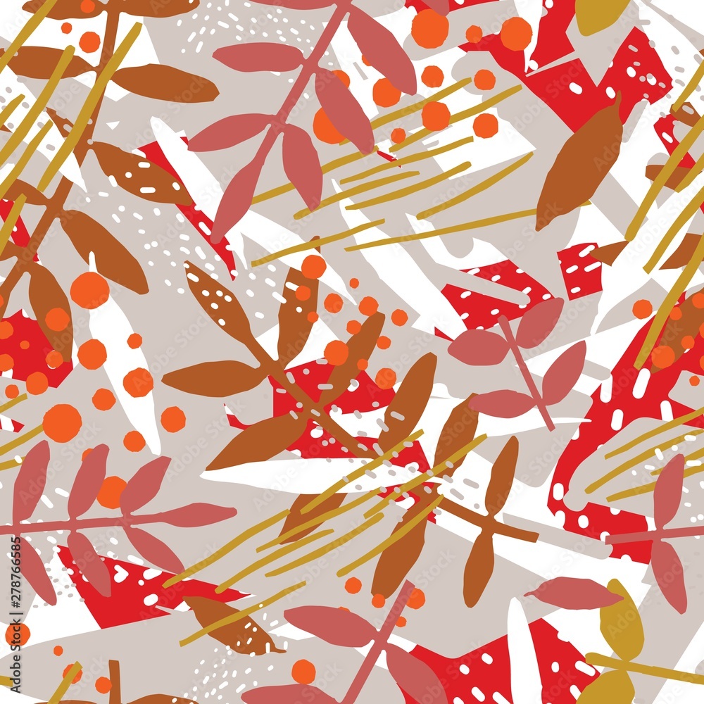 Poster abstract botanical seamless pattern with foliage or leaves and chaotic abstract stains or smears. mo