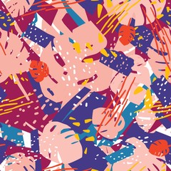 Natural seamless pattern with tropical jungle foliage or exotic monstera leaves and chaotic abstract stains. Motley vector illustration in modern style for wrapping paper, textile print, wallpaper.