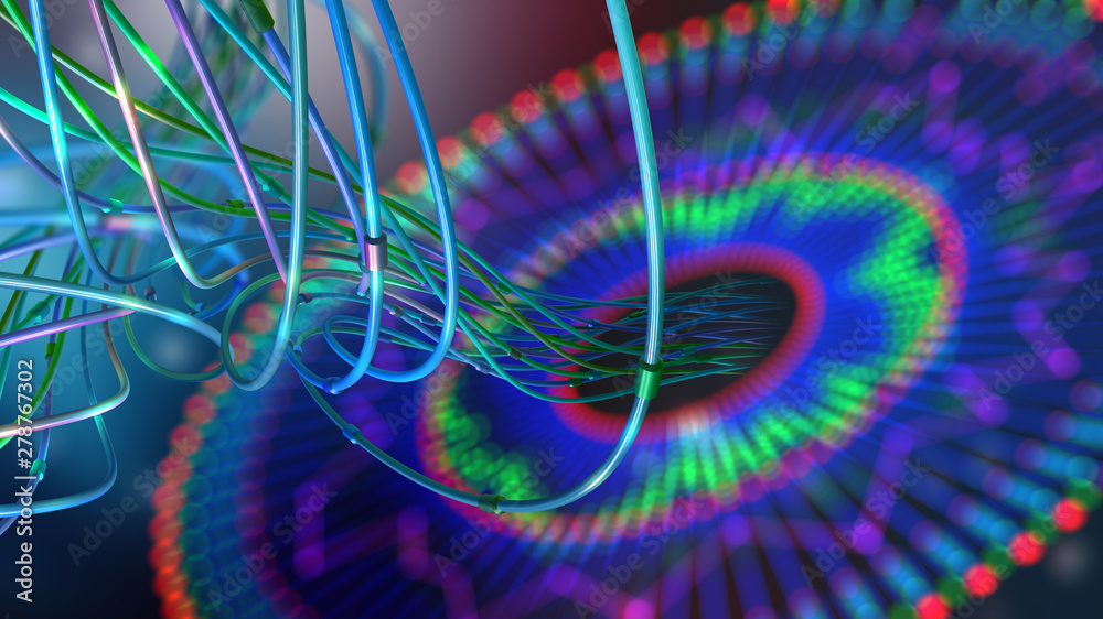 Aufkleber Big data. Computer wires on neural network with a shallow depth of field. 3D illustration of global artificial intelligence database. Optical fiber and virtual reality