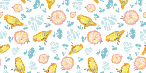 White vector repeat pattern with yellow dahlia flower and parrot. Summer floral pattern. Perfect for paper and textile projects.