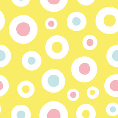 yellow vector repeat pattern with blue, yellow and pink polka dots. Pastel colors. Perfect for paper and textile projects. Surface pattern design.