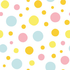 White vector repeat pattern with blue, yellow and pink polka dots. Pastel colors. Perfect for paper and textile projects. Surface pattern design. - obrazy, fototapety, plakaty