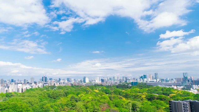 東京タイムラプス　2019　新緑の春　都心全景とオリンピックスタジアム