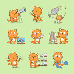 Set of cute cartoon cat character representing different hobbies: fishkeeping, playing guitar, fishing, acting, singing, painting, collecting, knitting, amateur astronomy