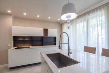 New modern white kitchen. New luxury home. Interior photography