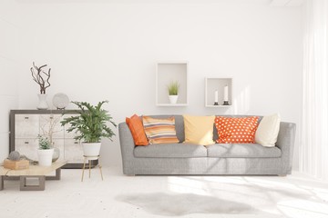 Stylish room in white color with sofa. Scandinavian interior design. 3D illustration
