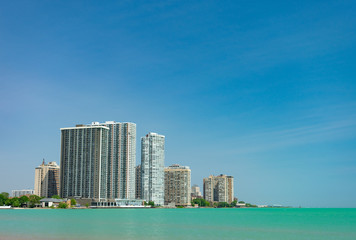 Fototapeta na wymiar Skyline of Edgewater and Rogers Park with Lake Michigan in Chicago