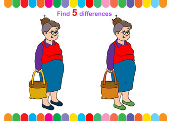 illustration, children's puzzle, educational game. Find 5 differences. For younger children. Cartoon characters.