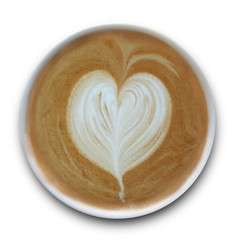 Top view of a mug of latte art coffee isolted on white background.