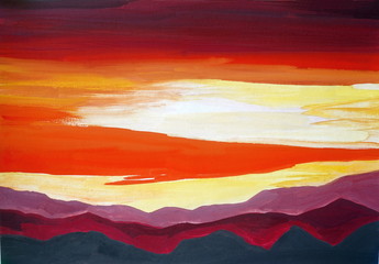 Plakat Drawing of bright mountains landscape, yellow red clouds