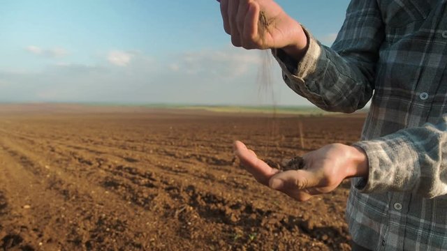 Closeup hand of person holding black soil for agriculture or planting. Man (farmer's) hands on soil background. Agriculture, gardening or ecology concept with free text (copy) space.