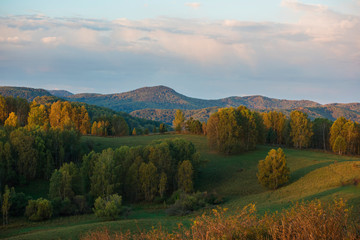 Beauty dawn in the mountains in Altay, panoramic picture