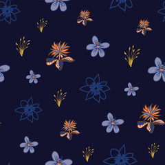 Fototapeta na wymiar Vector tropical flowers seamless pattern repeat on dark blue background