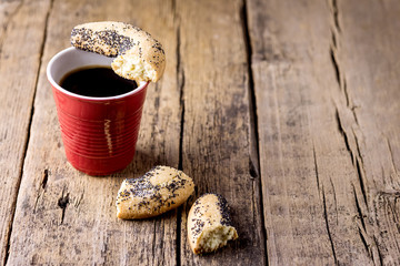 Cup of Coffee Espresso Black Coffee and Broken Cookie Wooden Background Horizontal Copy Space