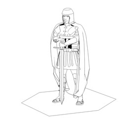 warrior character, contour visualization, 3D illustration, sketch, outline