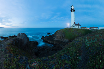 White pigeon point lighthouse with a blue sky  Historic Old Lighthouse at sunset - Pigeon Point Lighthouse - California, USA