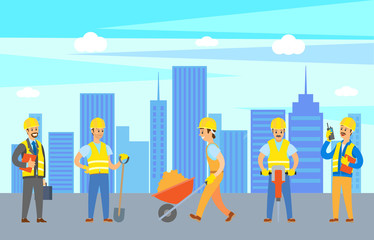 People with tools working in city vector, man with carriage with building material, supervising male with briefcase in hand, person with shovel drill
