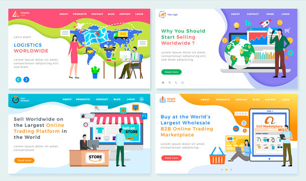 Logistics worldwide online trading platform in the world, largest wholesale B2 marketplace. Vector people collaborating, selling goods on globe trades. Web online page template, application of website