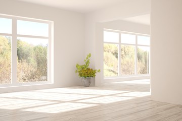 Naklejka na ściany i meble Stylish empty room in white color with autumn landscape in window. Scandinavian interior design. 3D illustration