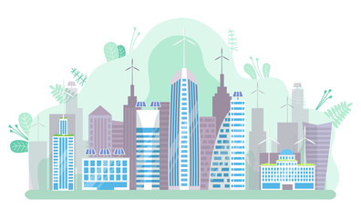 Cityscape of futuristic Megapolis. Big modern city architecture, metropolis panorama. High skyscrapers, panoramic windows, multi storey building vector, green sity
