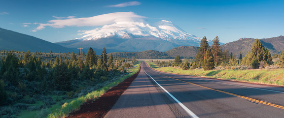 Road towards Mounts Shasta and Shastina in California, United States Highway 97 in Northern...