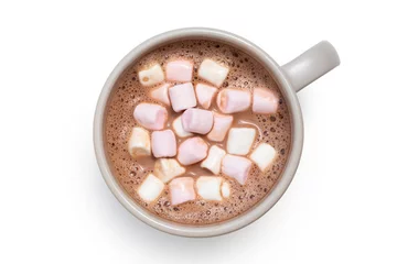  Hot chocolate with small pink and white marshmallows in a grey ceramic mug isolated on white from above. © Moving Moment