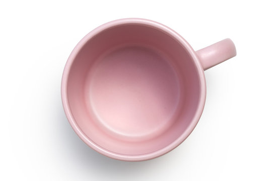 Empty Pink Ceramic Mug Isolated On White From Above.